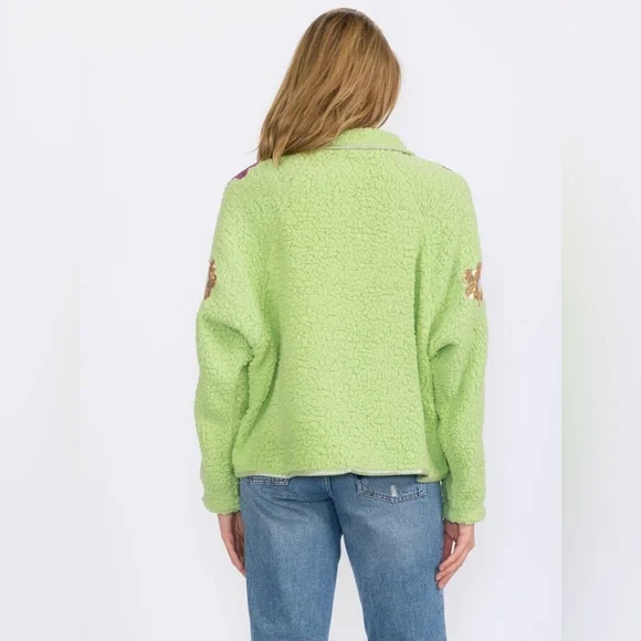 Lime Green Floral Sherpa Jacket - NWOT - Size Medium - Picture 2 of 3